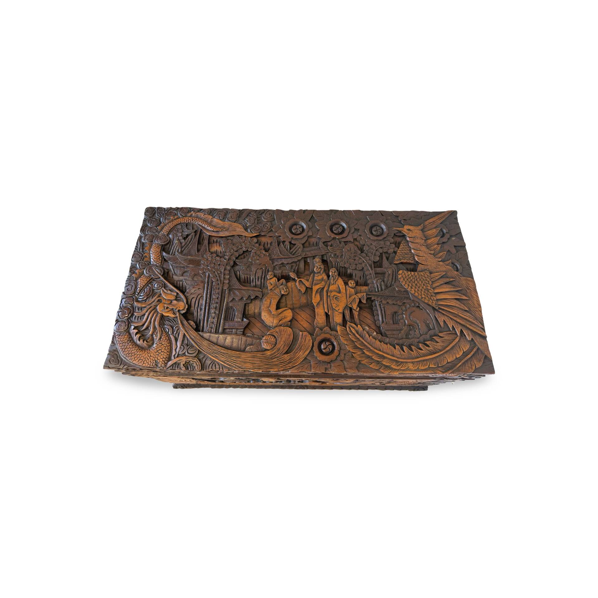 Antique Chinese Carved Export Chest – Dragon, Phoenix & Landscape Deco
