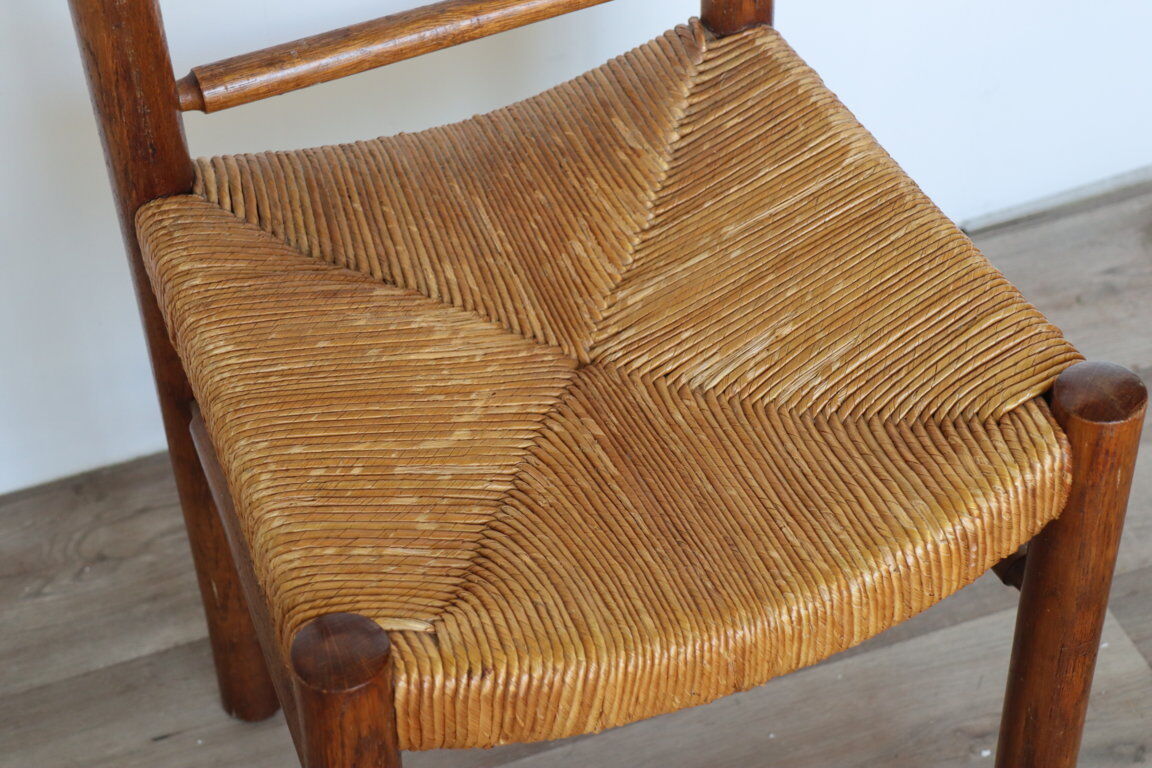 Series of 4 vintage straw and wood chairs, 1960