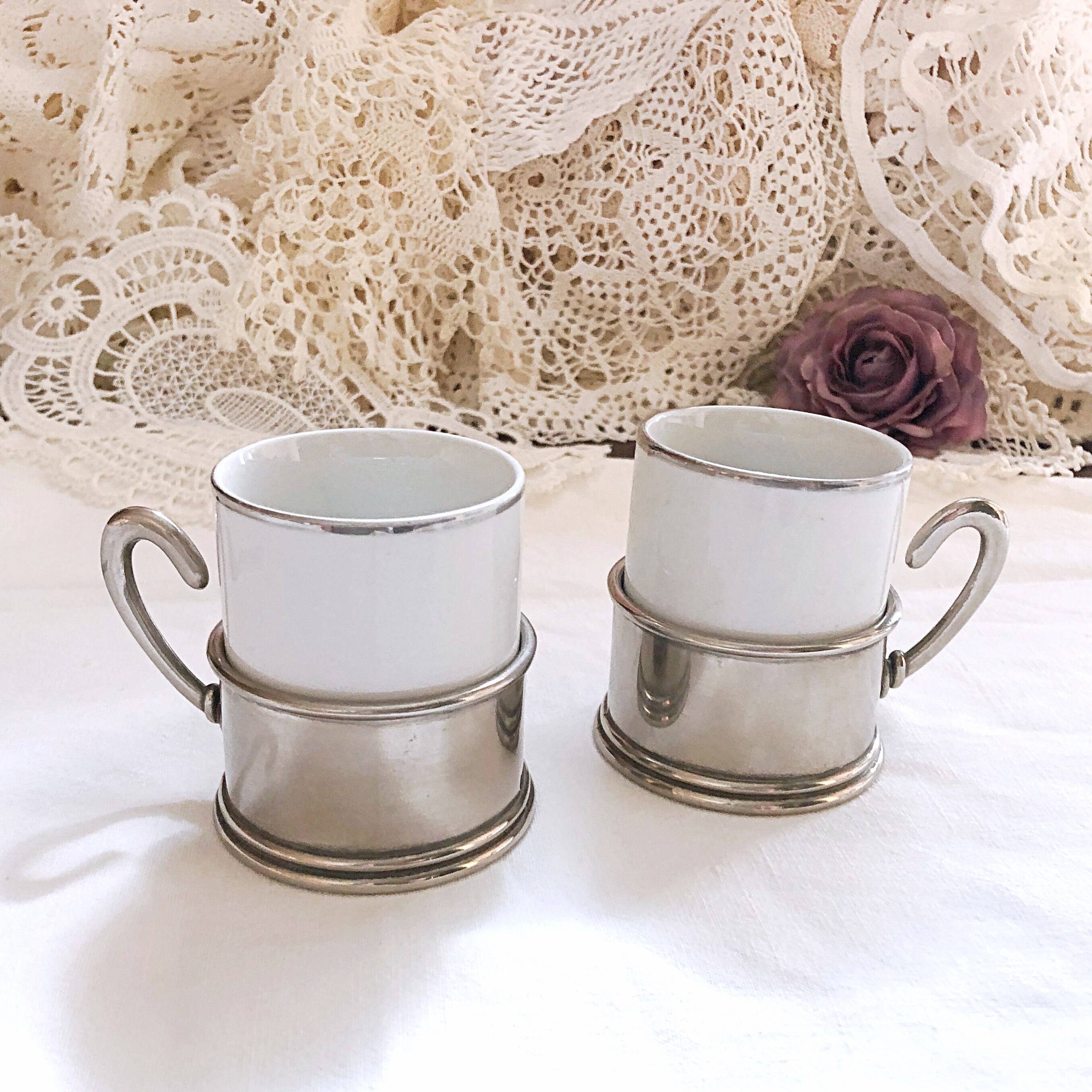 Duo Italian Porcelain Cups with Vintage Monopoly Pewter Holder