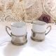 Duo Italian Porcelain Cups with Vintage Monopoly Pewter Holder