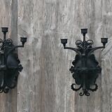 Pair of black wrought iron sconces - neo-Gothic style - from the 1950s