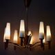Scandinavian mid-century chandelier, teak, brass, opaline glass, 8 arms, 1950-1960.