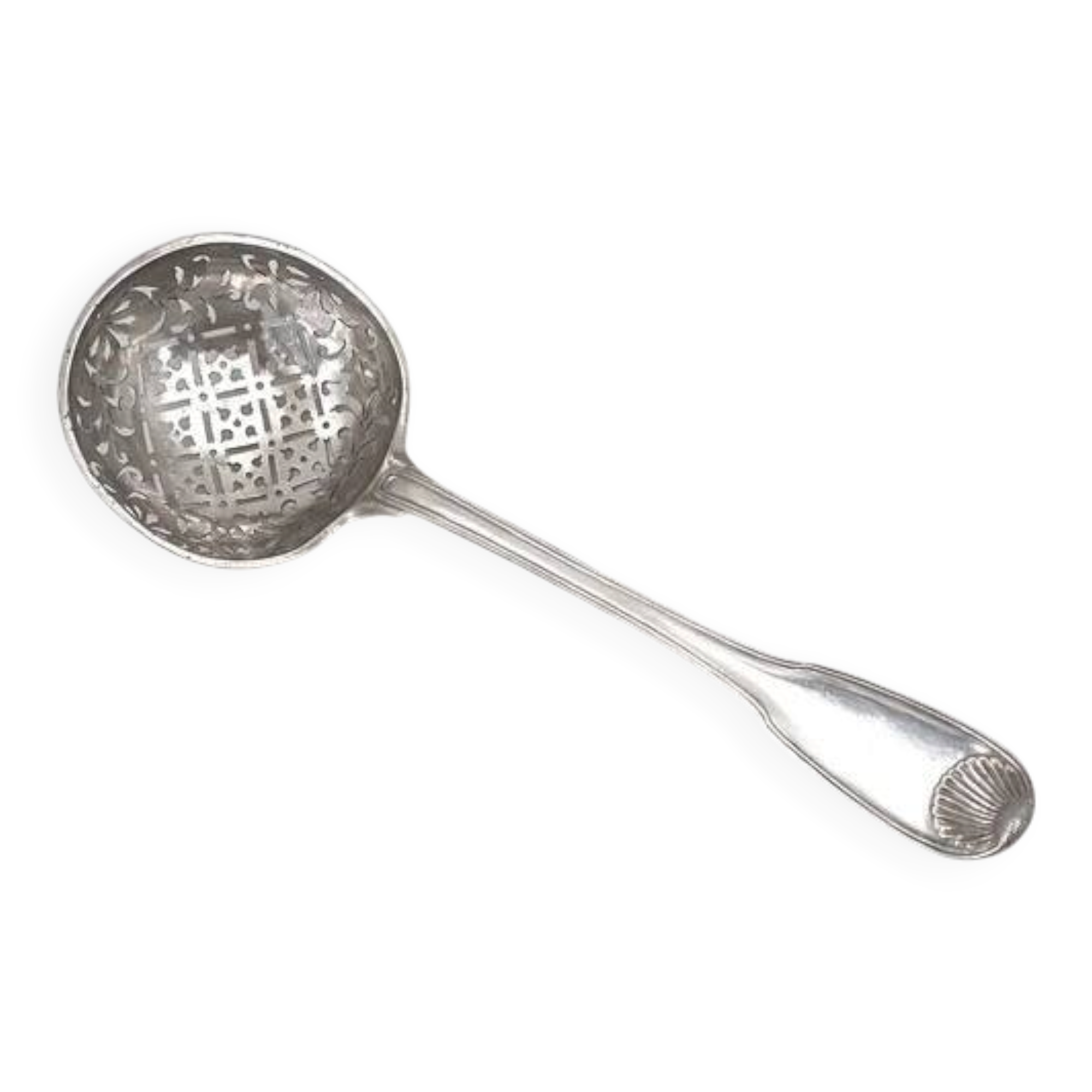 Silver sugar sifter from the 18th century, 23 cm, shell pattern, 106 g.
