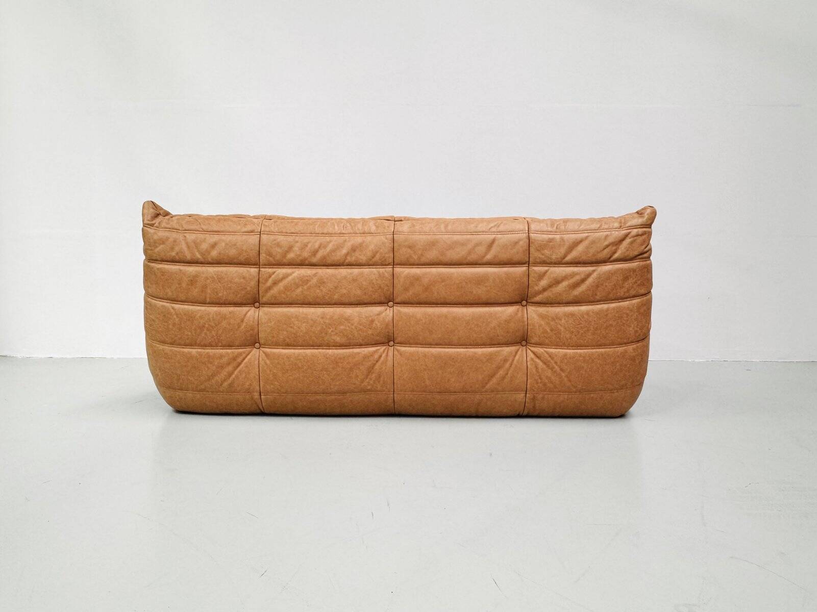 French Togo 3-seater sofa in camel leather attributed to Michel Ducaroy for Ligne Roset