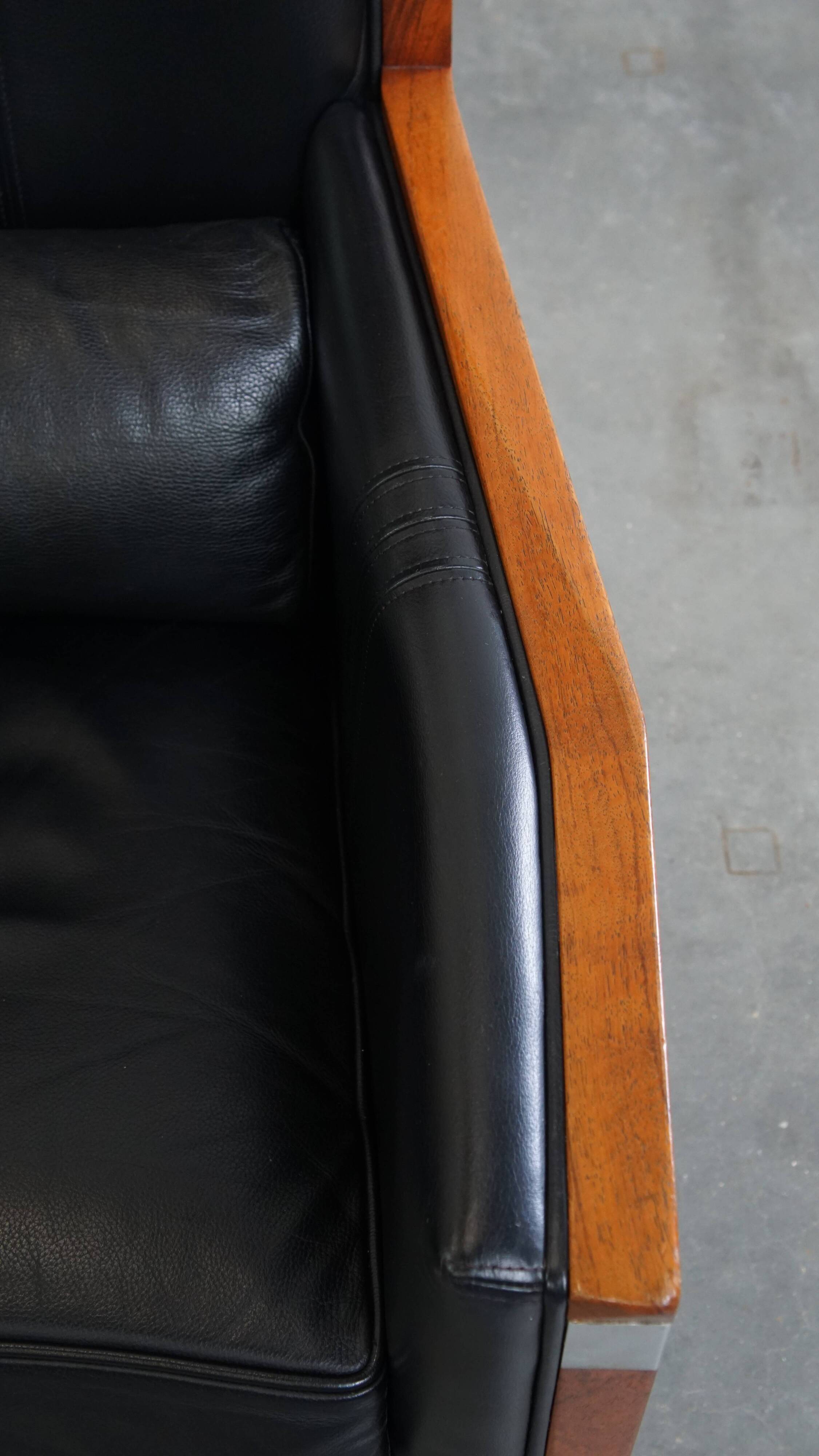 Black Cowhide Leather and Wooden Art Deco Armchair