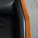 Black Cowhide Leather and Wooden Art Deco Armchair