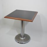 Square bistro dining table, wood, chrome and cast iron