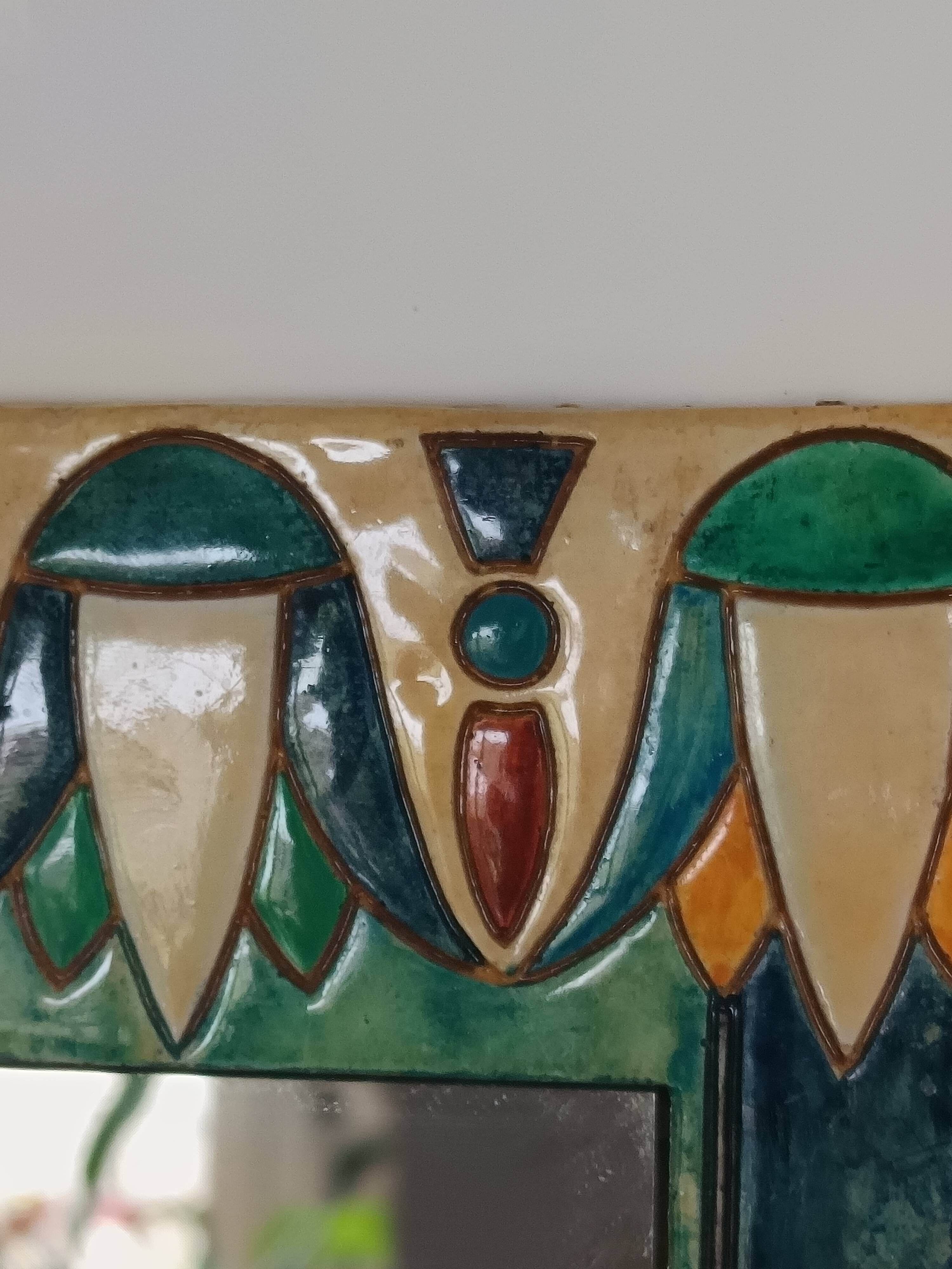 Miroir céramique vintage années 60 – signé JP – décor géométrique polychrom