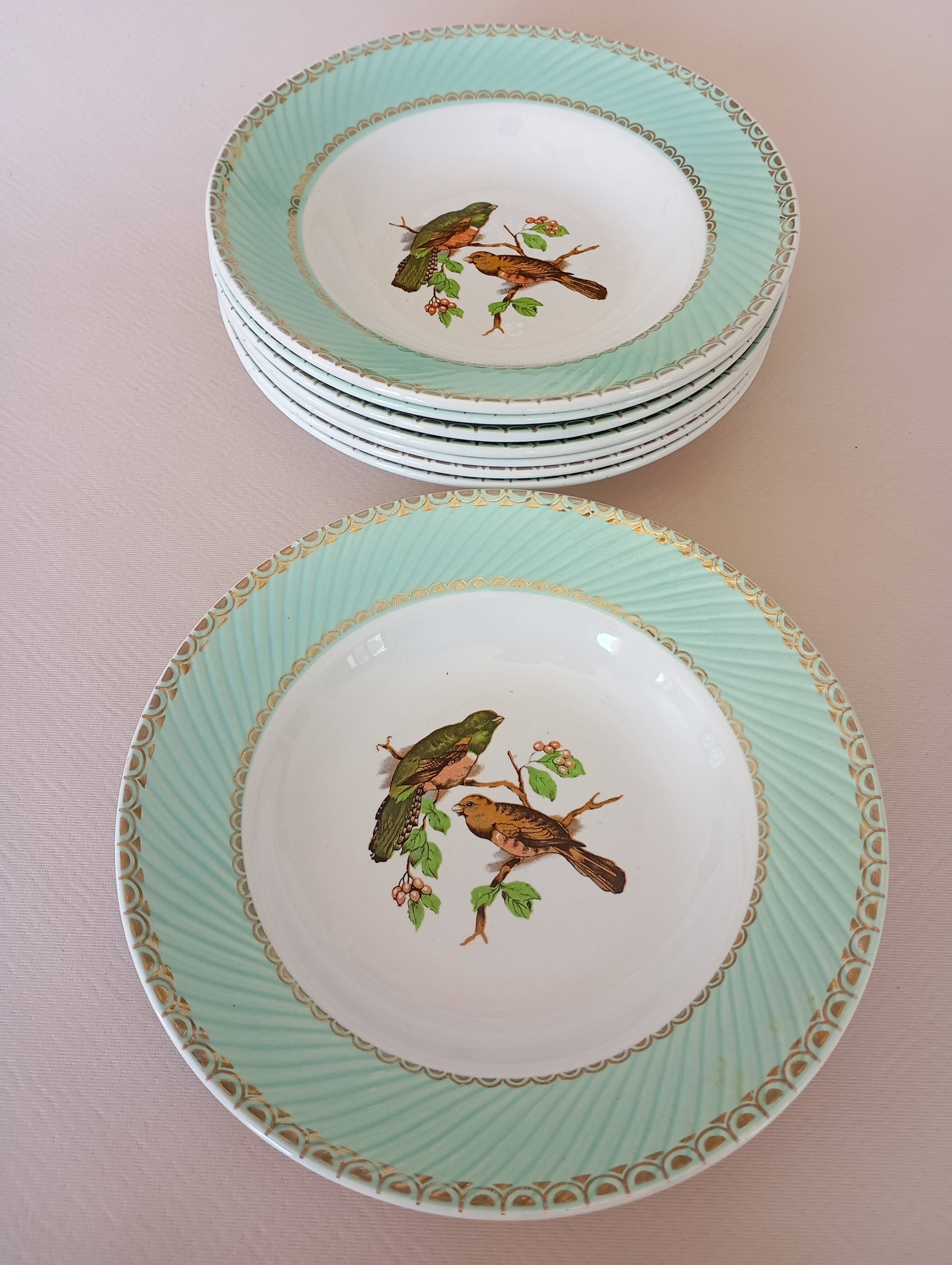 8 soup plates Fenal Badonviller "Birds" vintage 1950s