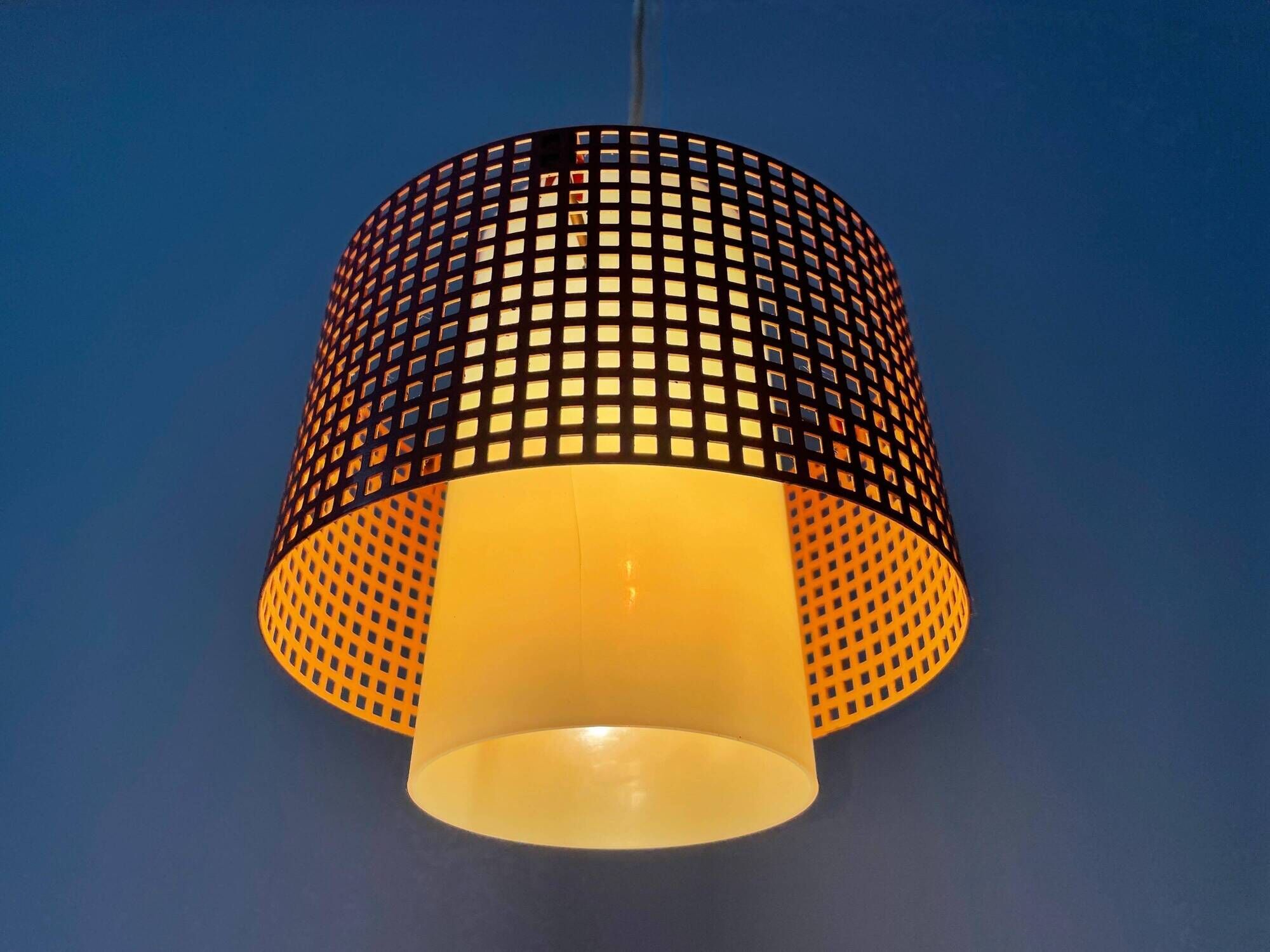 Suspended lamp in pink metal and plexiglass, Danish design, 1960s, Denmark.