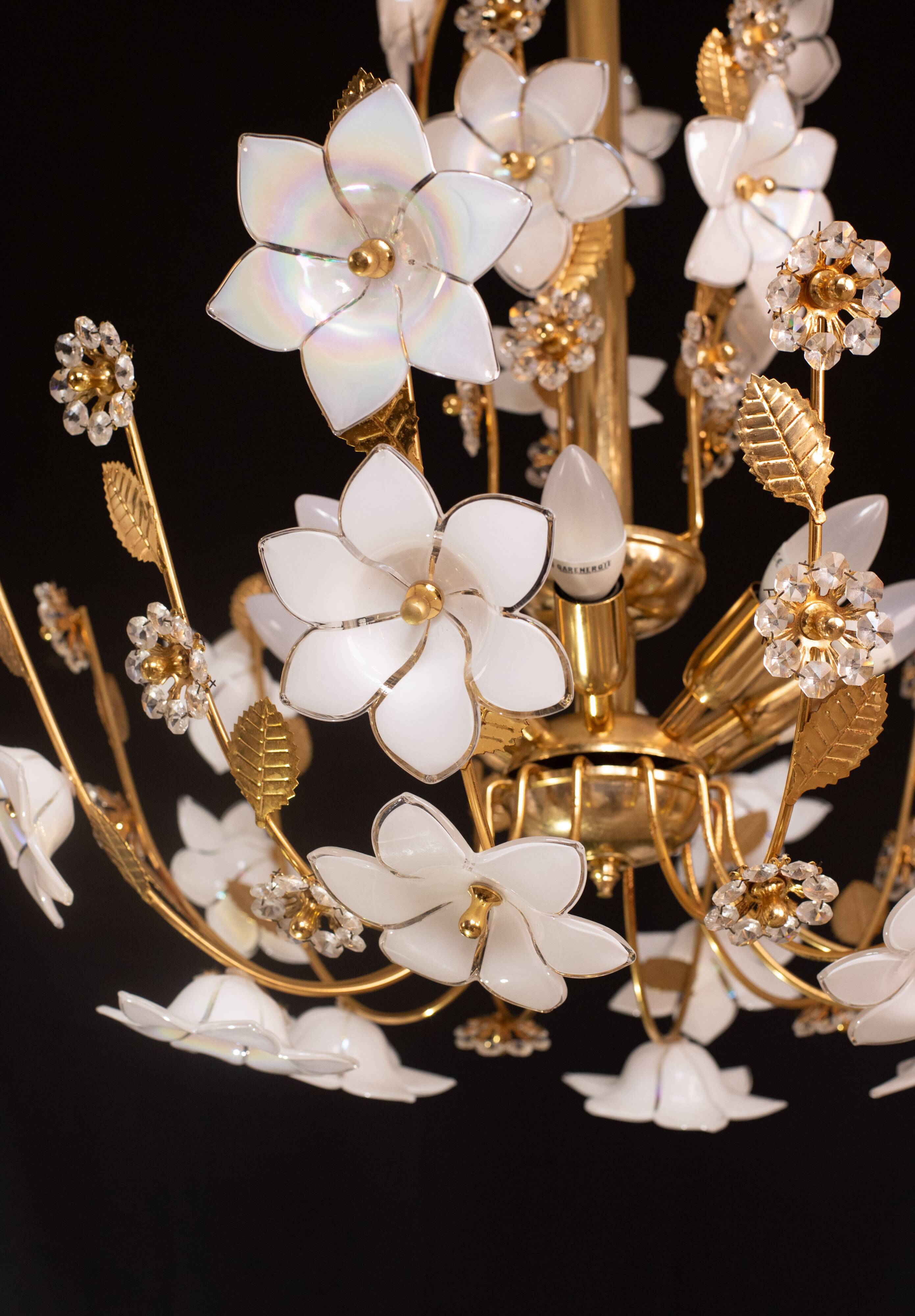 Large Size Vintage Murano Glass Chandelier White Flowers, 1970