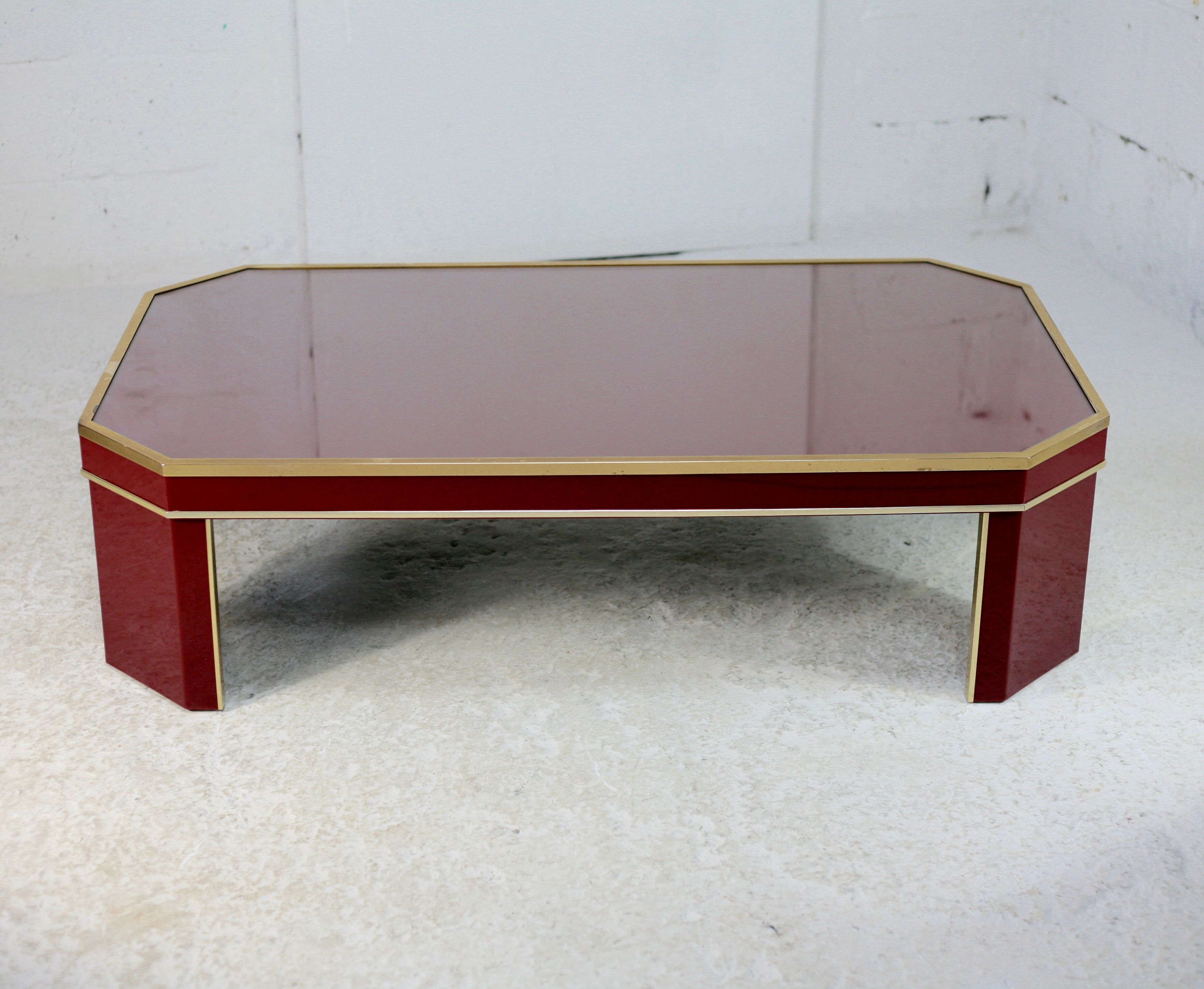 Coffee table Eric Maville glass brass plexiglass wood France, 70s. Small scratches. small