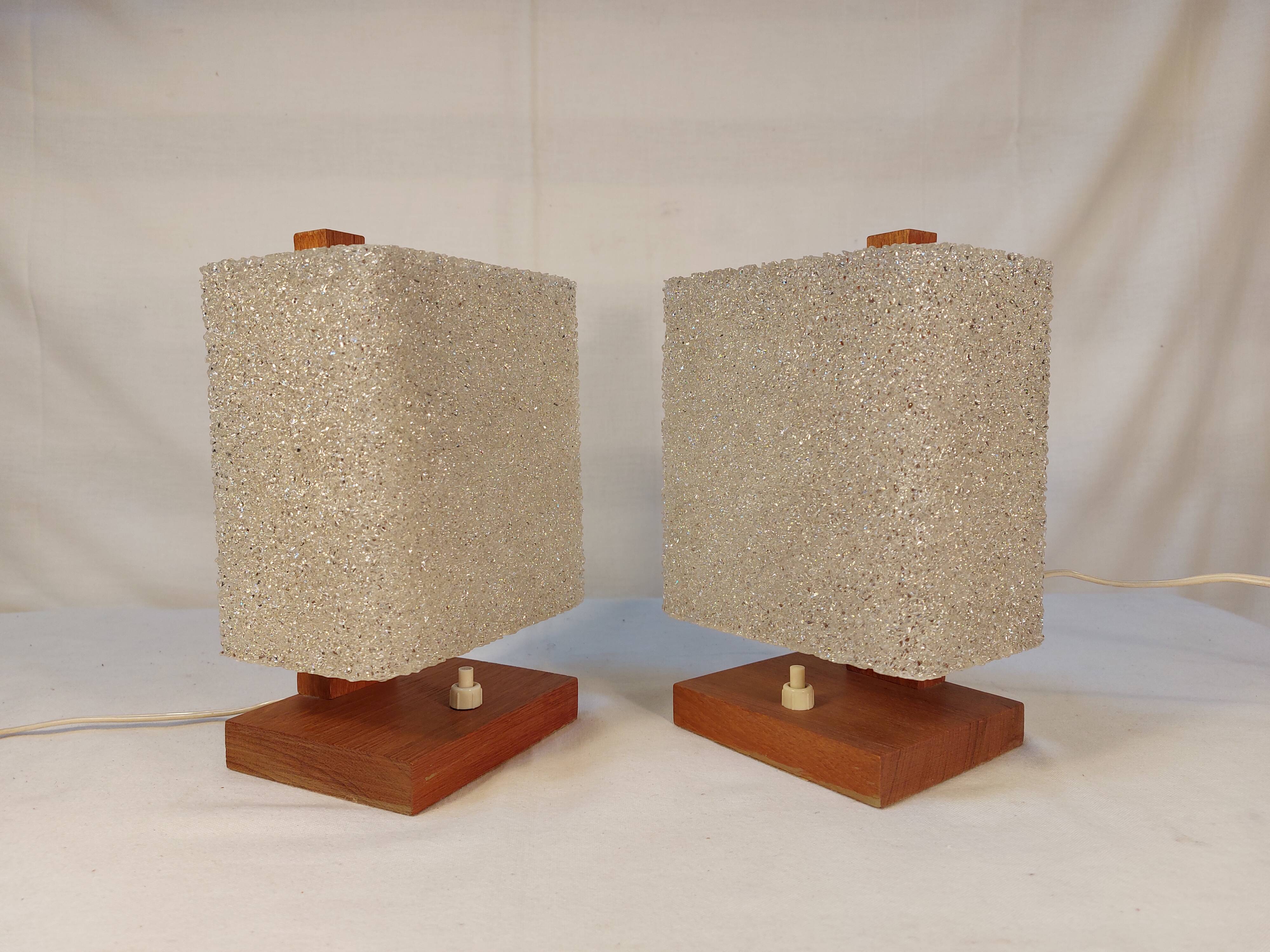 Pair of vintage Scandinavian table lamps in teak and Perspex