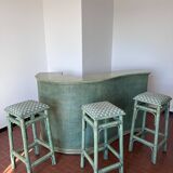 Green rattan bar and its 3 stools with Provencal fabric
