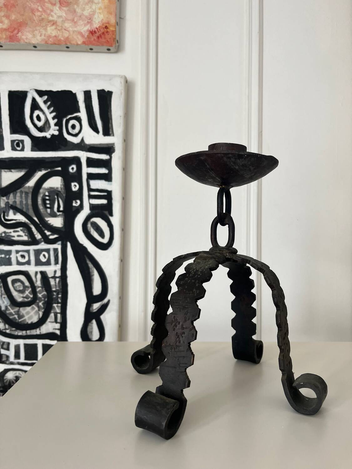 Brutalist iron candlestick Folk art