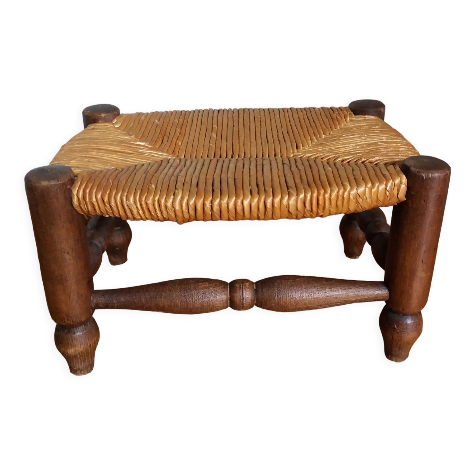 Footrest low stool wood and straw
