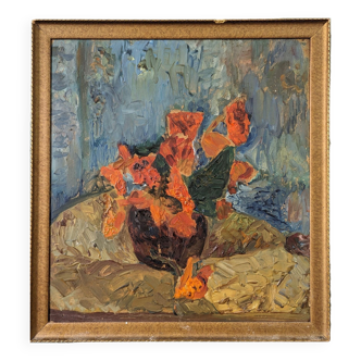 « Bouquet orange » moderne du milieu du siècle, peinture à l’huile de nature morte florale vintage suédoise, encadrée
