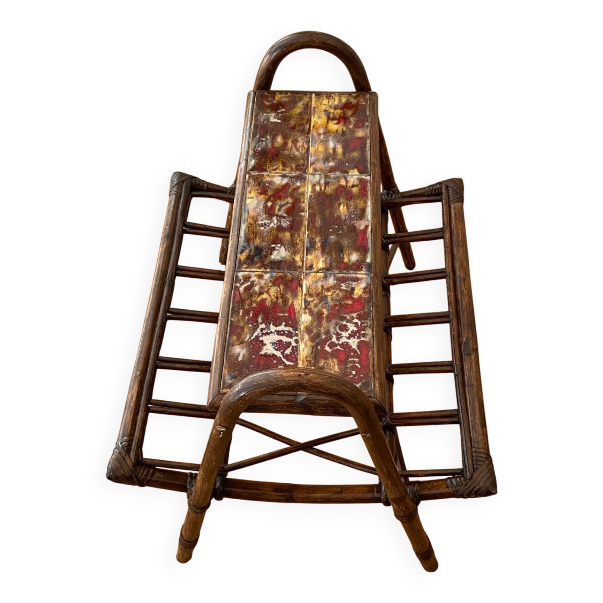 Rattan magazine rack, shelf with ceramic tiles R. Capron