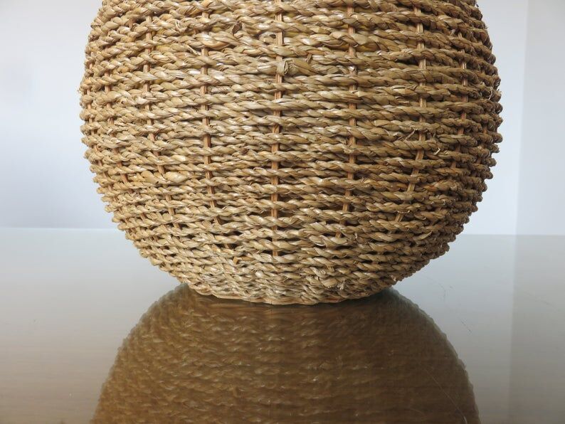 Ball lamp in rope, rattan, ceramic and brass 70s