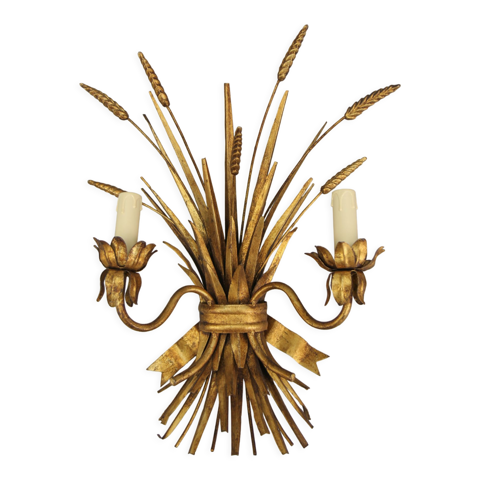 Gilt metal wheat sheaf two-light wall sconce