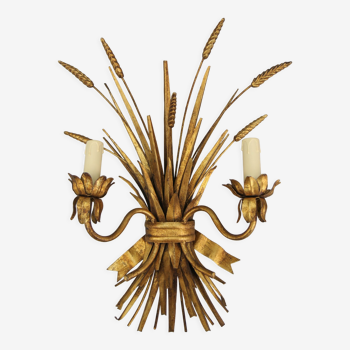 Gilt metal wheat sheaf two-light wall sconce