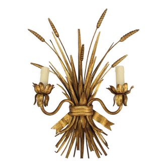 Gilt metal wheat sheaf two-light wall sconce