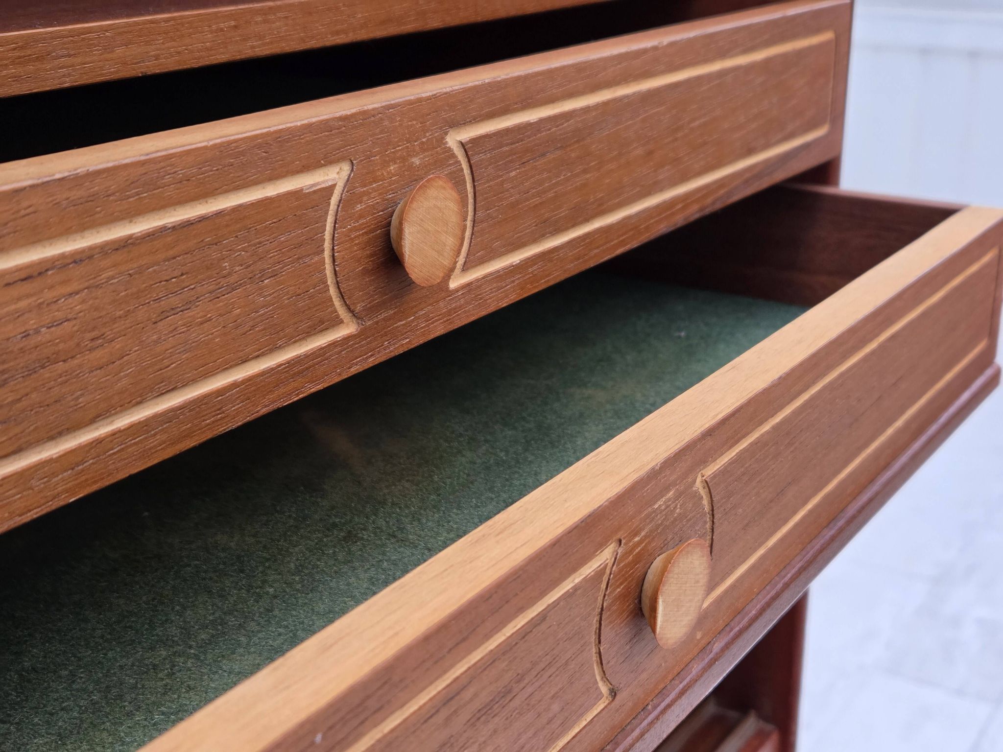 1960s, Danish chest of drawers, teak wood, mirror inside, sliding doors.