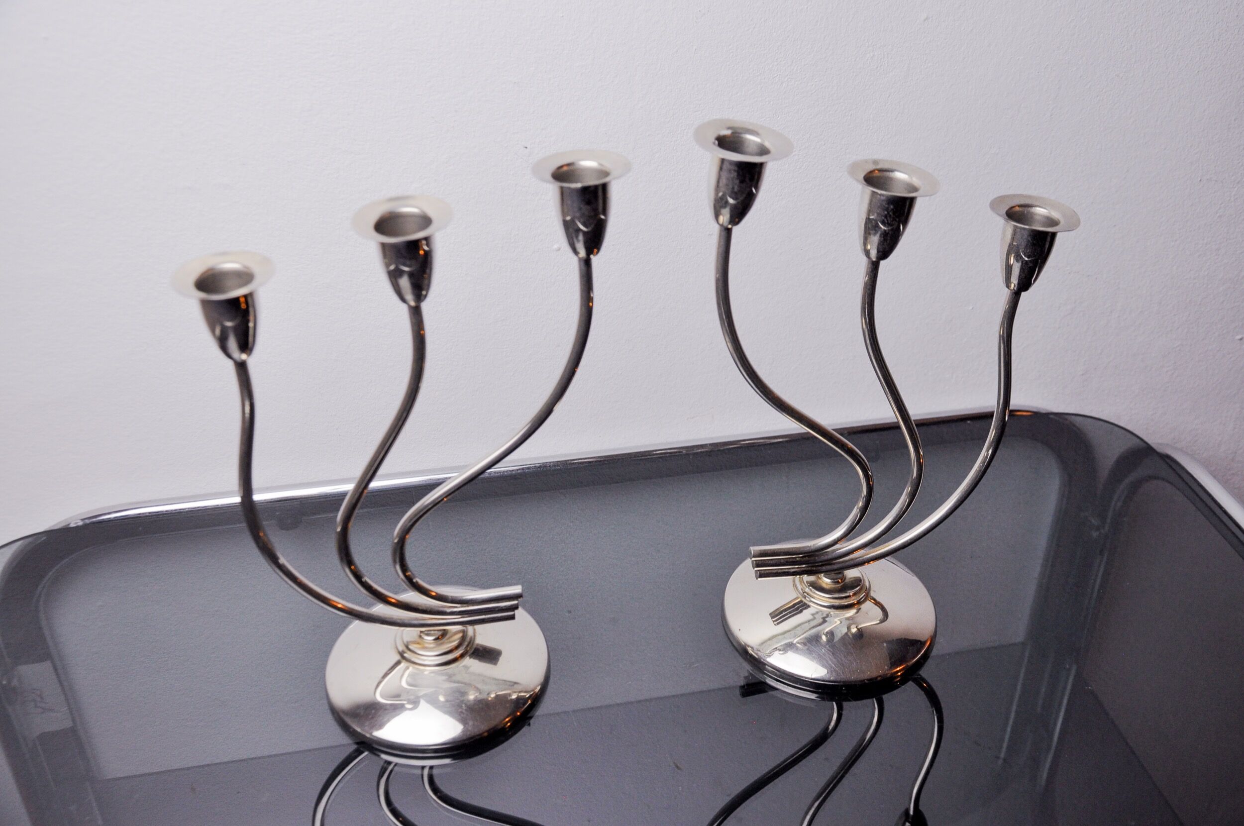 Pair of art deco candlesticks in stainless steel 3 flames, Spain, 1970