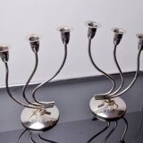 Pair of art deco candlesticks in stainless steel 3 flames, Spain, 1970