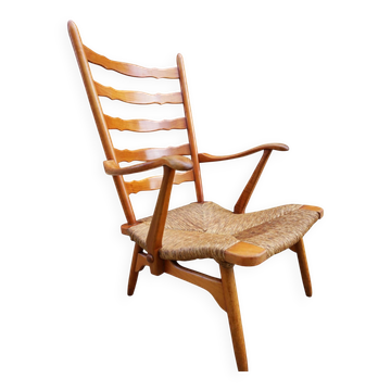 Dutch Mid-century high back rush seat Armchair by De Ster Gelderland
