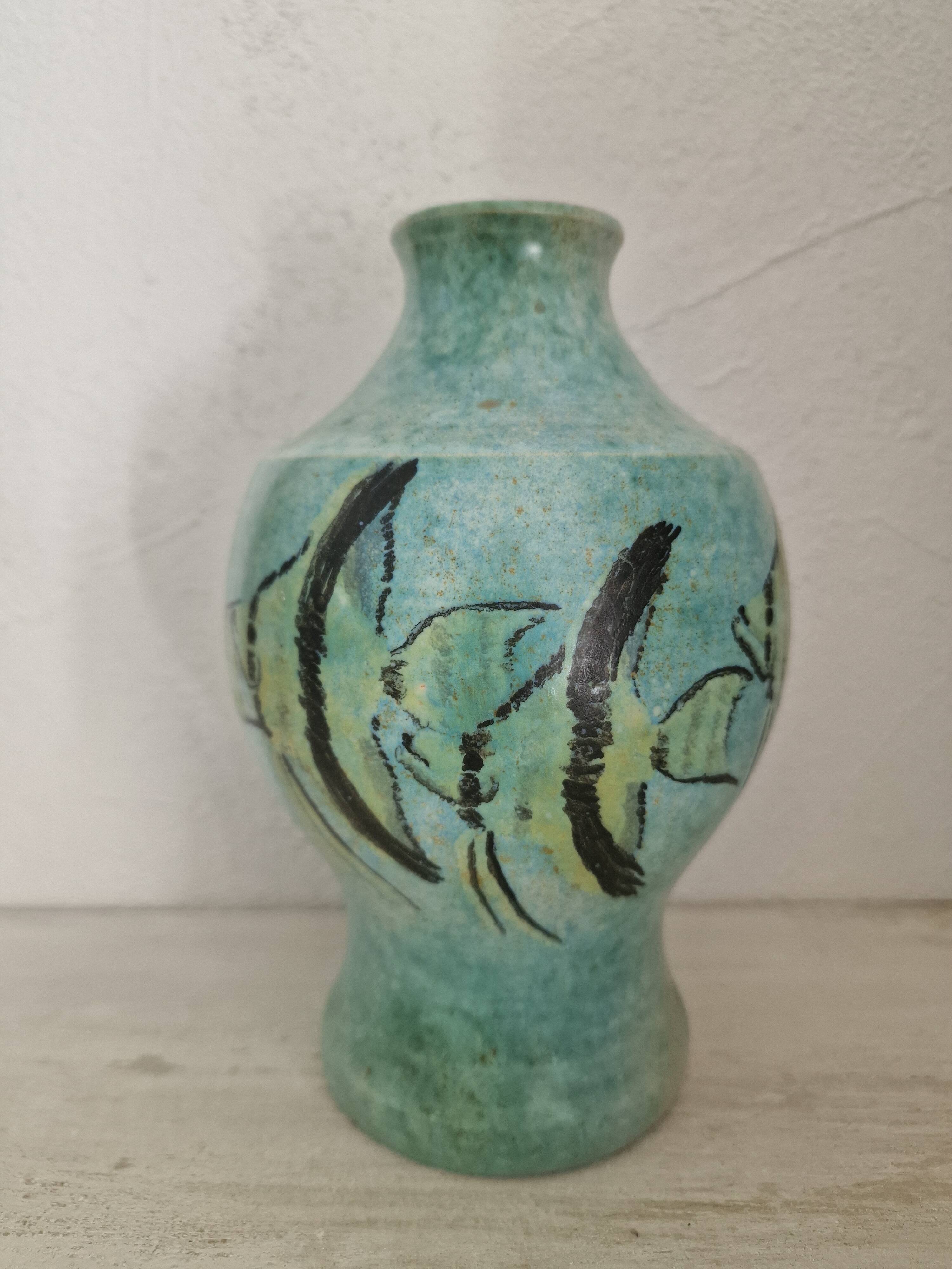 Vintage vase with fish decor by Pierre Scheffer