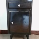Black hospital/internment bedside table, all metal, compass legs, 1940s industrial.