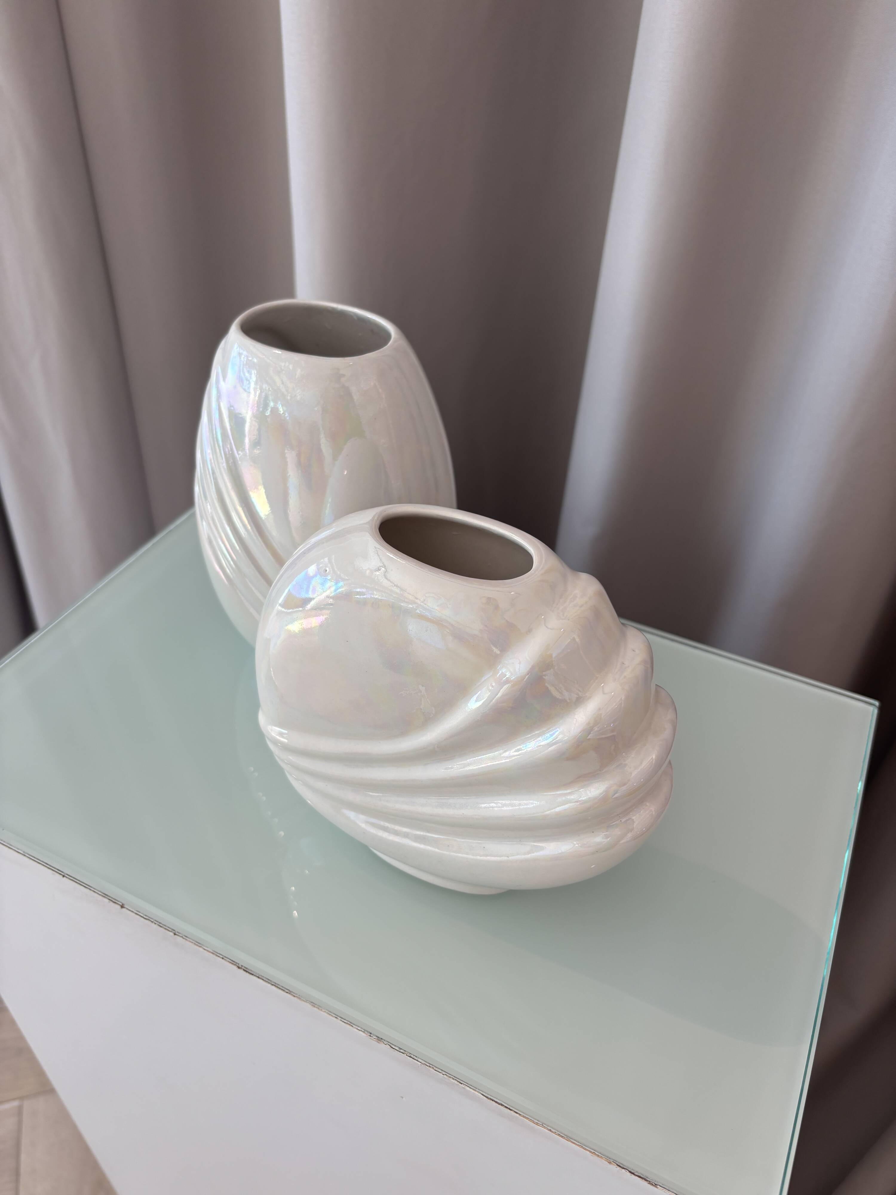 Pair of vintage iridescent white ceramic vases