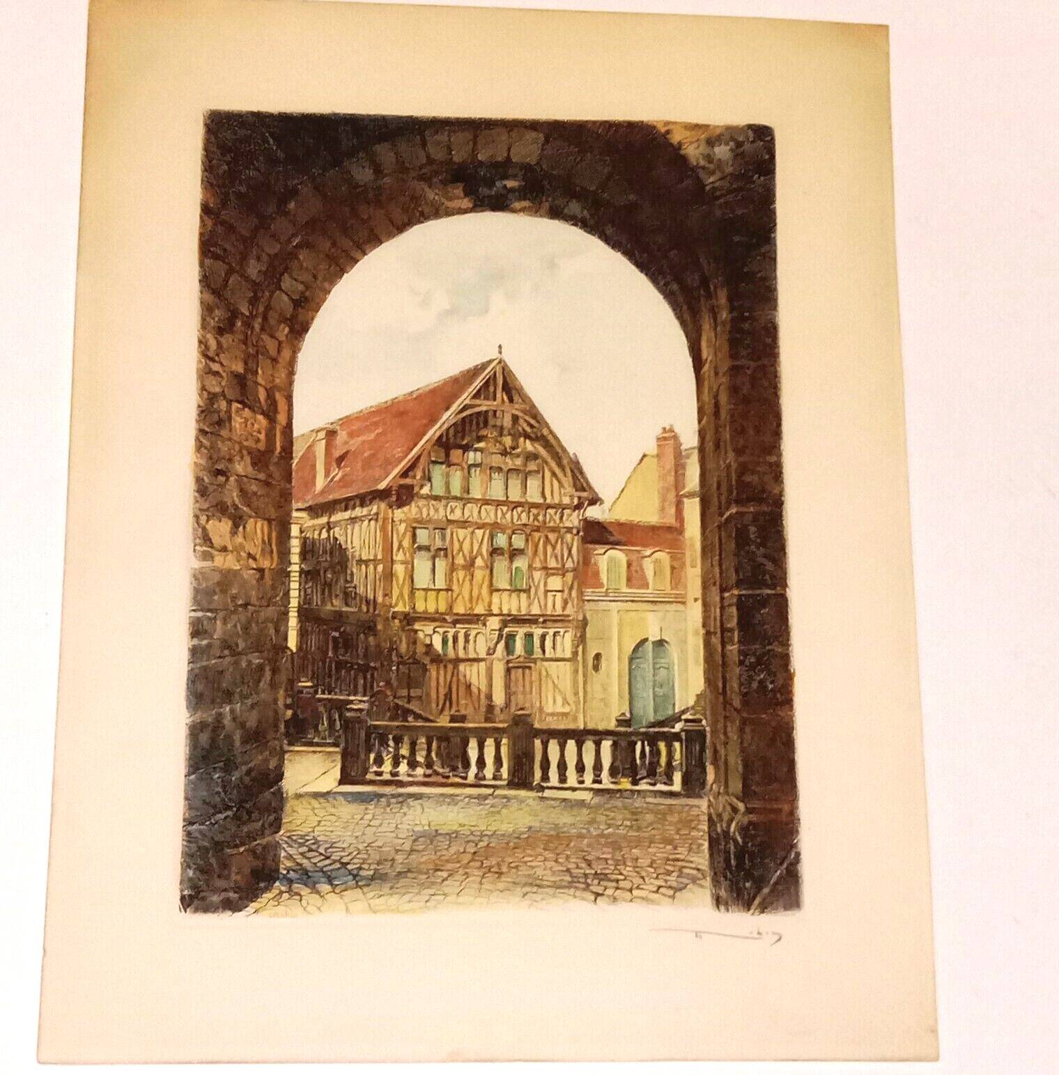 Joigny Old House Porte Saint Jean Colored etching signed Léopold Robin