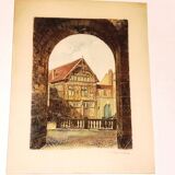 Joigny Old House Porte Saint Jean Colored etching signed Léopold Robin