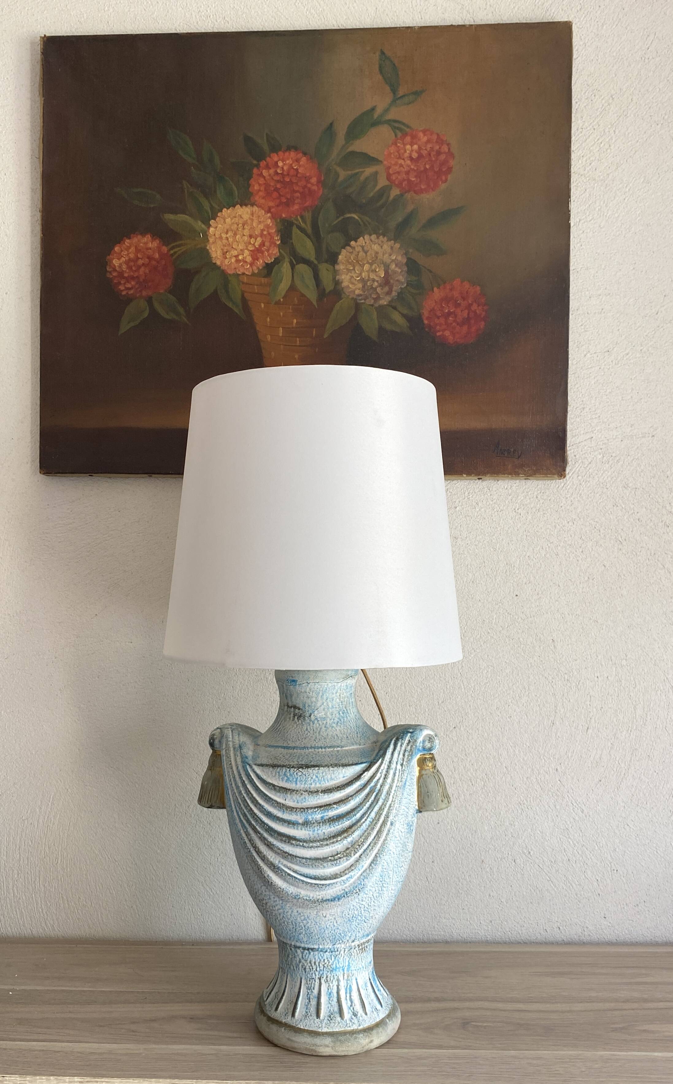 Painted plaster lamp, new 2 M fabric cable, fabric lampshade