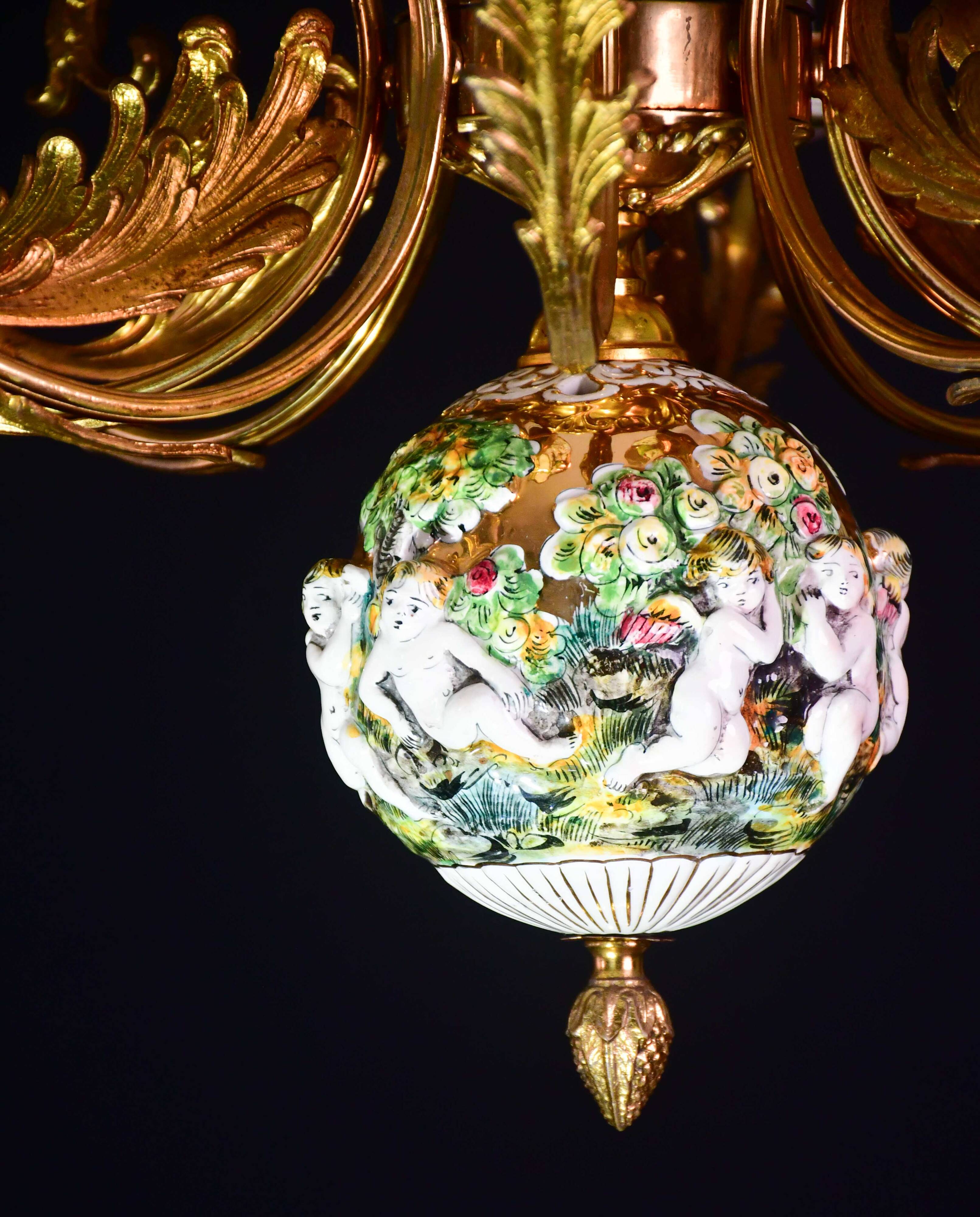 Manila, large size 12 light Italian vintage ceramic chandelier, 1960