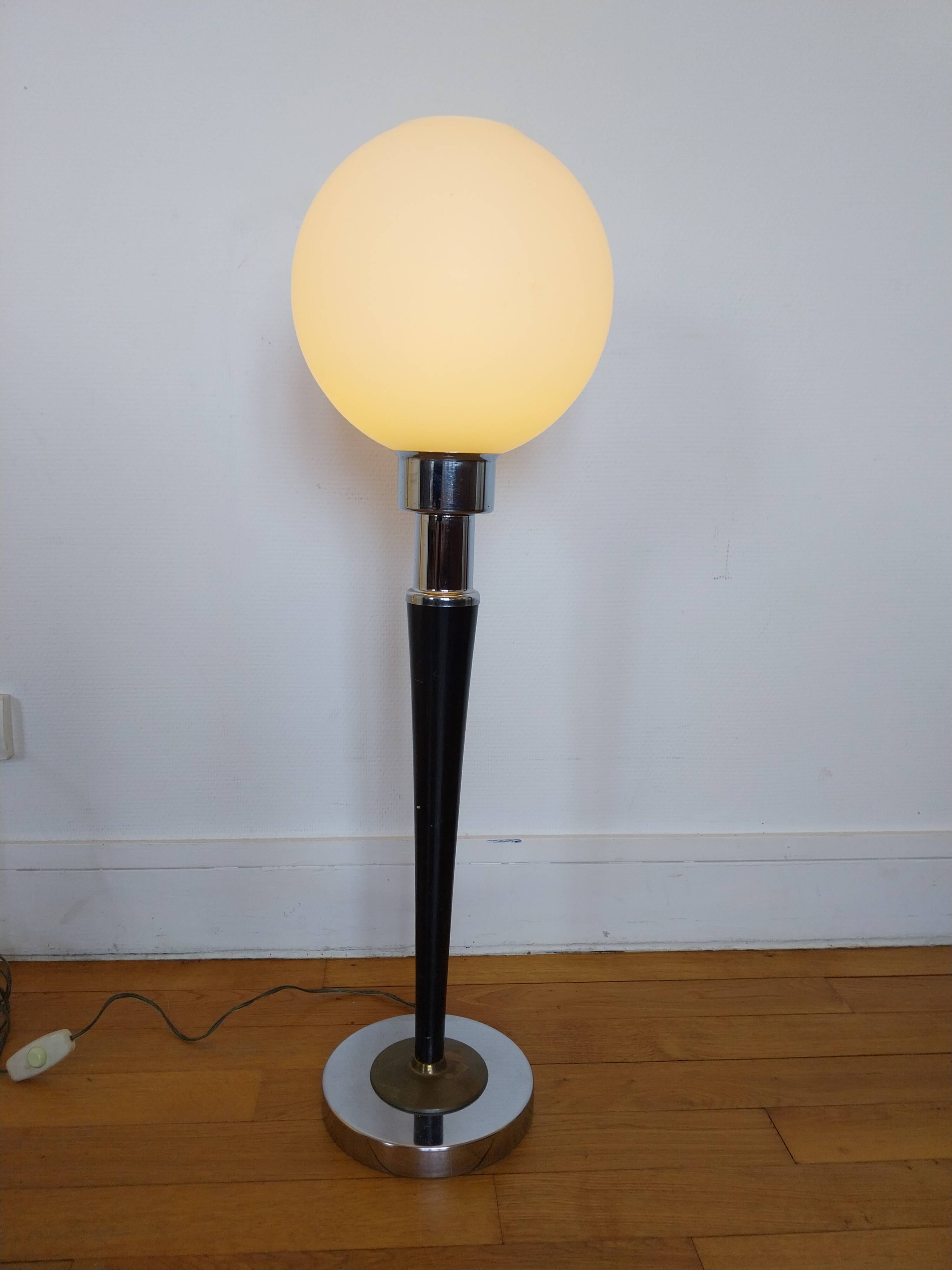 Mazda lamp chrome brass wood opaline globe