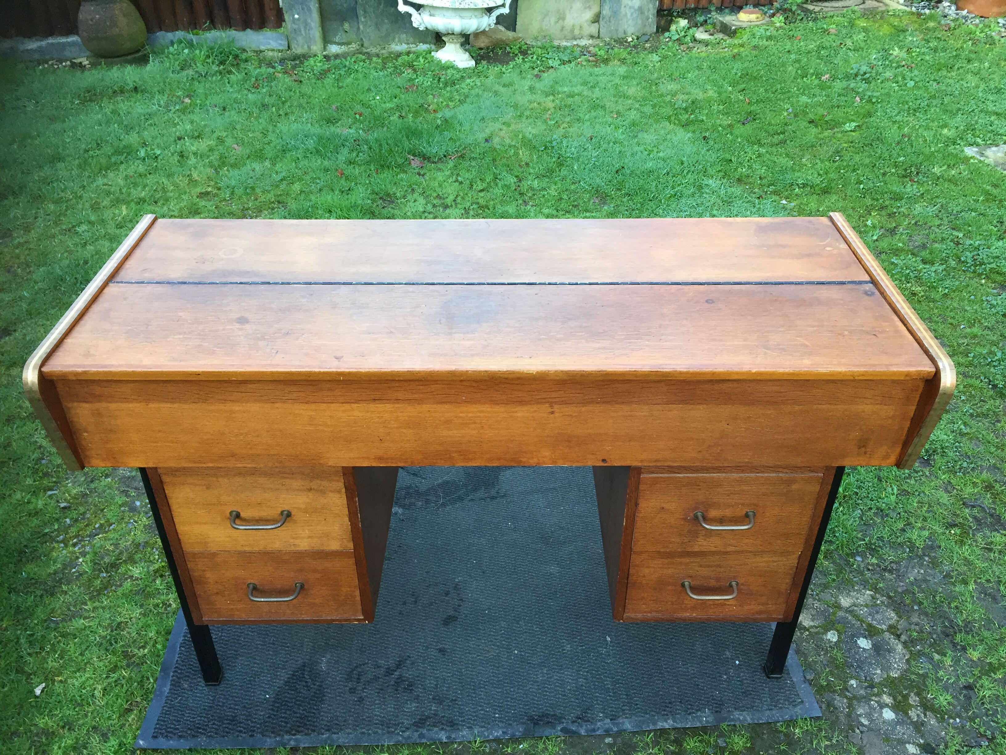 Vintage oak console desk table with square metal tube base (knitting machine)