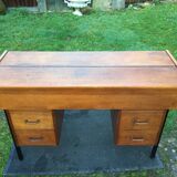 Table bureau console vintage en chêne à piétement en tube de métal carré (machine à tricoter)