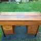 Vintage oak console desk table with square metal tube base (knitting machine)