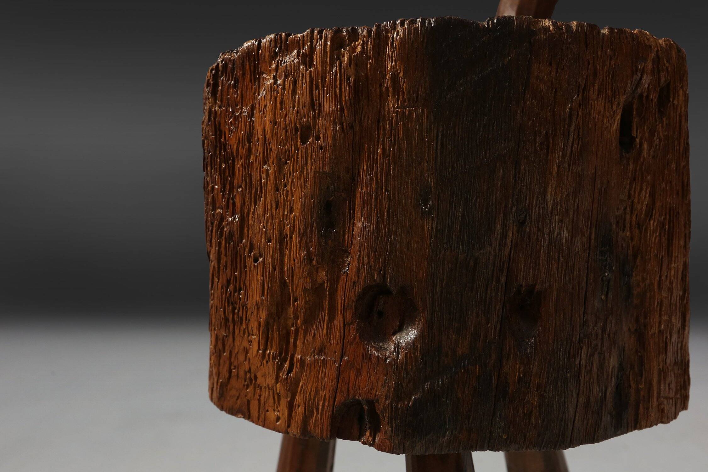 Tabouret en chêne fait main rustique, France, 19ème siècle