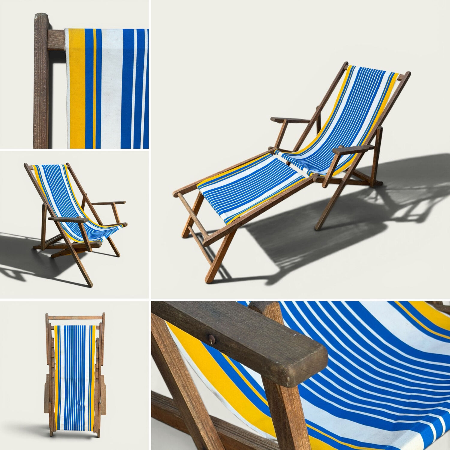 Vintage deck chair with blue and yellow striped fabric, original patina.