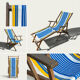 Vintage deck chair with blue and yellow striped fabric, original patina.