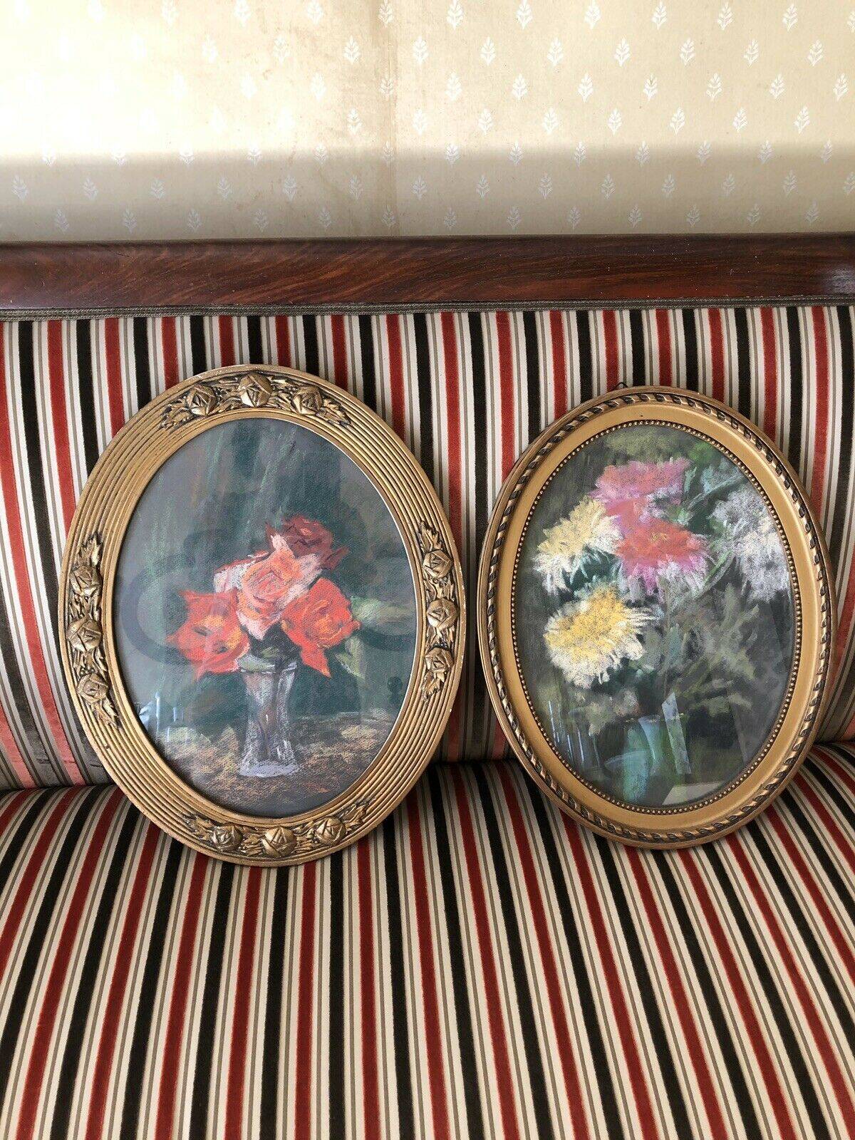 pair of framed old pastels