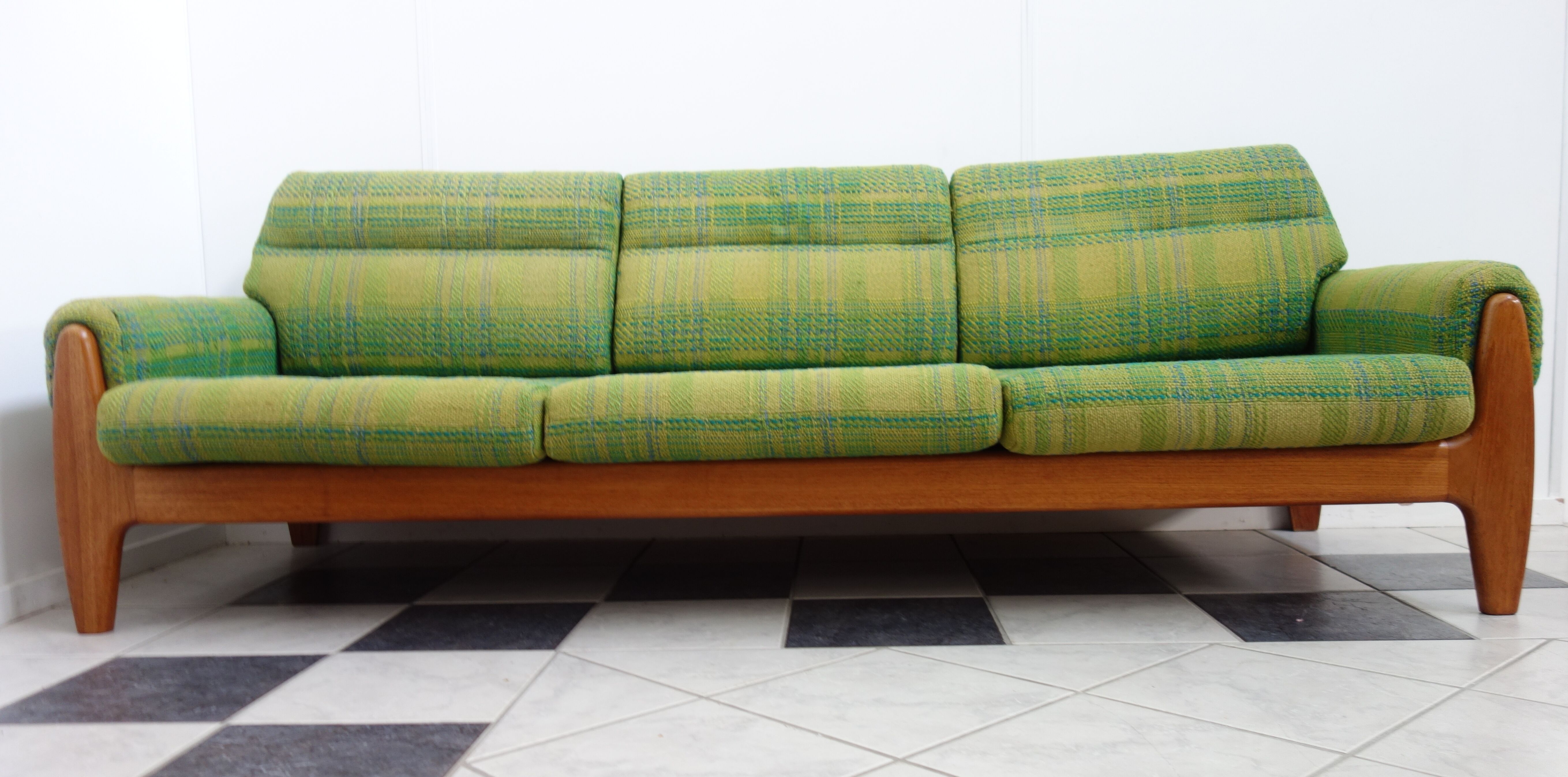 Green three seat sofa Teak frame