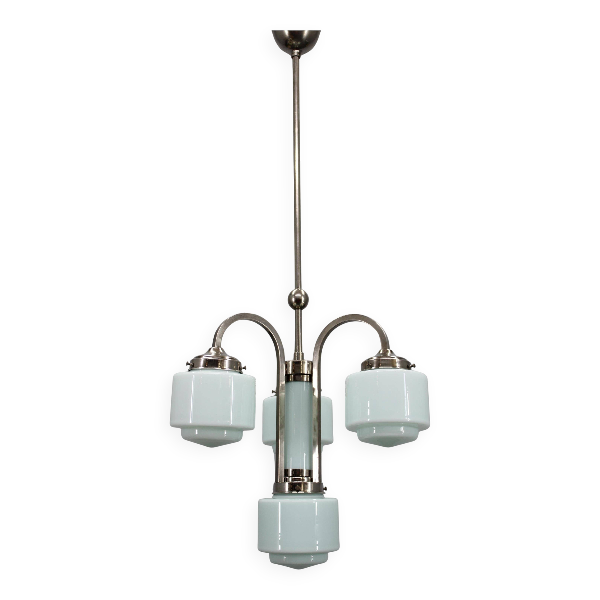 Art Deco nickel chandelier with cylindrical light opaline shades, Czechoslovakia
