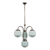 Art Deco nickel chandelier with cylindrical light opaline shades, Czechoslovakia