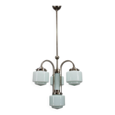Lustre Art déco en nickel avec abat-jour cylindriques en verre opale, Tchécoslovaquie