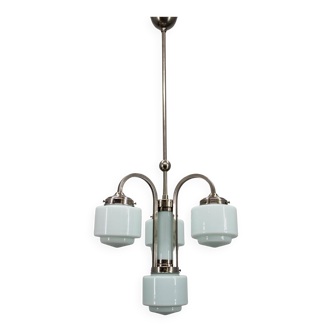Art Deco nickel chandelier with cylindrical light opaline shades, Czechoslovakia